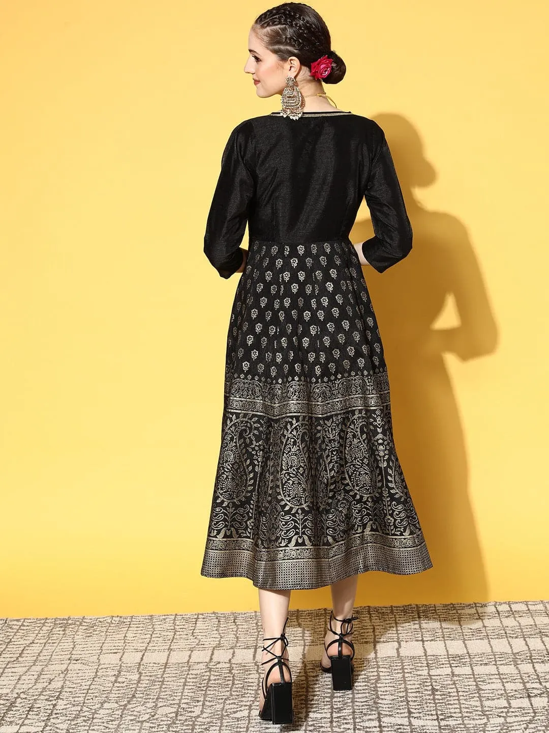 Women Black Paisley Foil Print Wrap Anarkali Dress