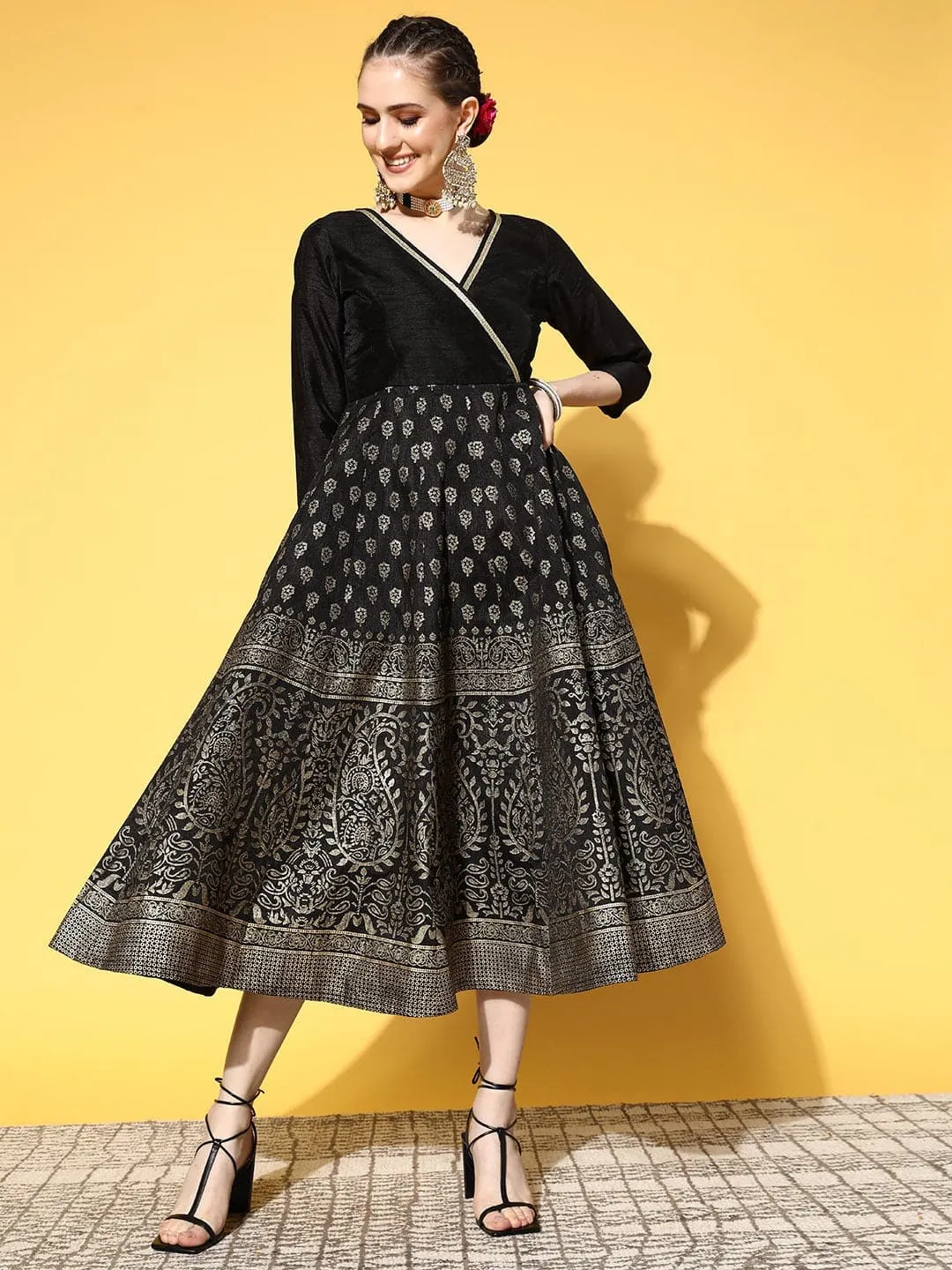 Women Black Paisley Foil Print Wrap Anarkali Dress