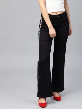 Women Black Side Tape Bell Bottom Pants