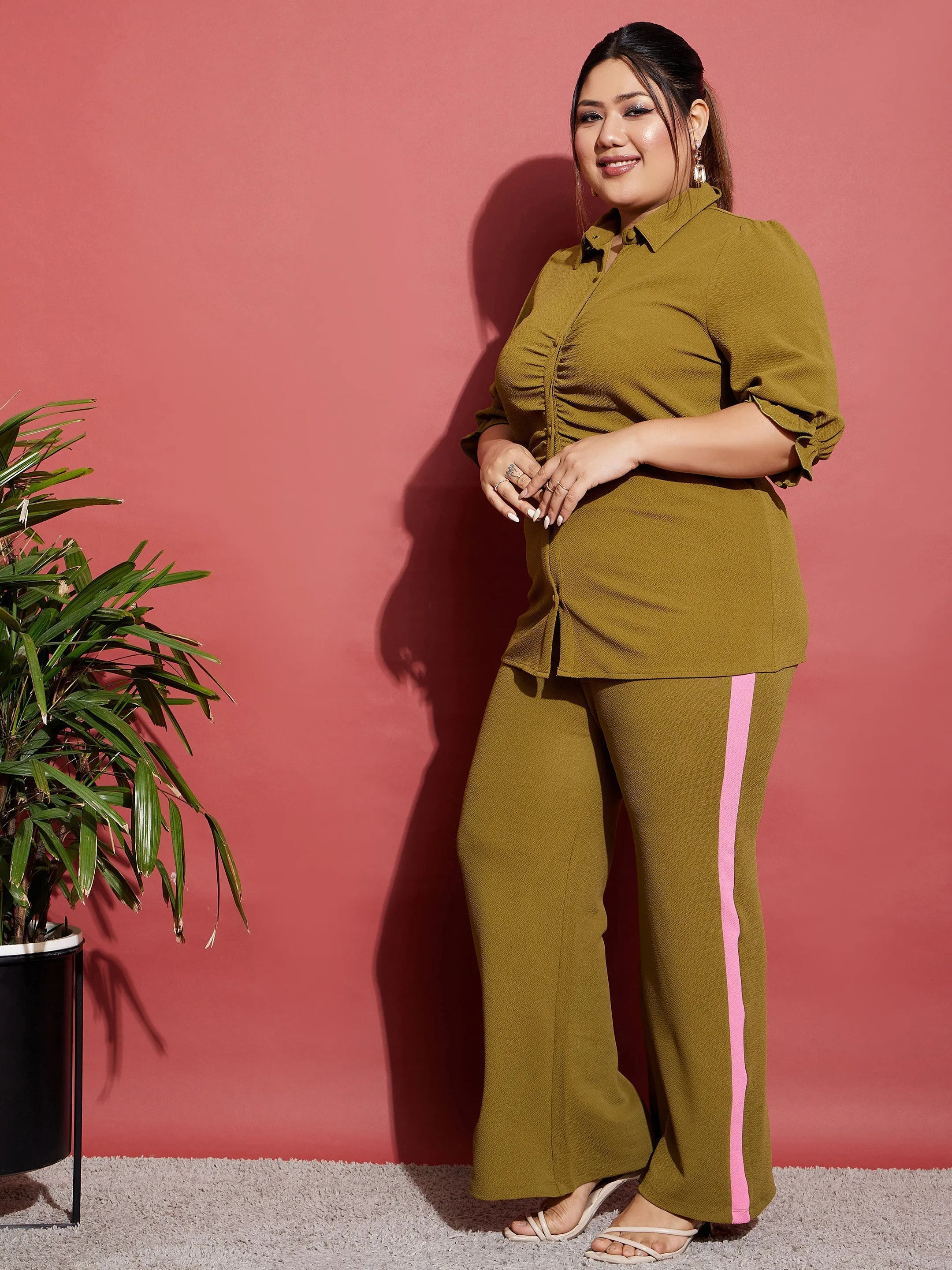 Women Olive Ruched Shirt With Side Tape Pants