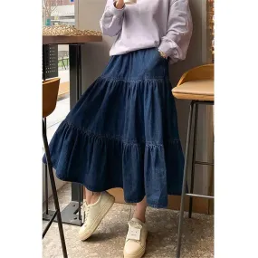 Women Plus Size 5xl Denim Skirt Maxi Long Jeans Skirts Girls Pleated Korean Fashion Clothing Harajuku Mujer Faldas Blue Vintage