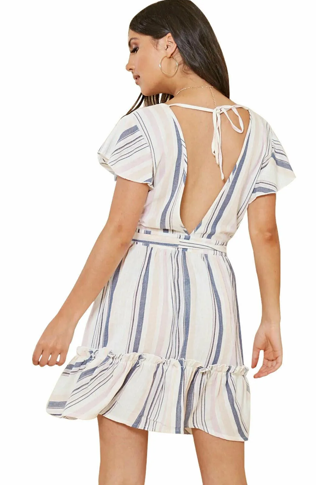 Women Shirred Striped Bardot Mini Dress - UK 6