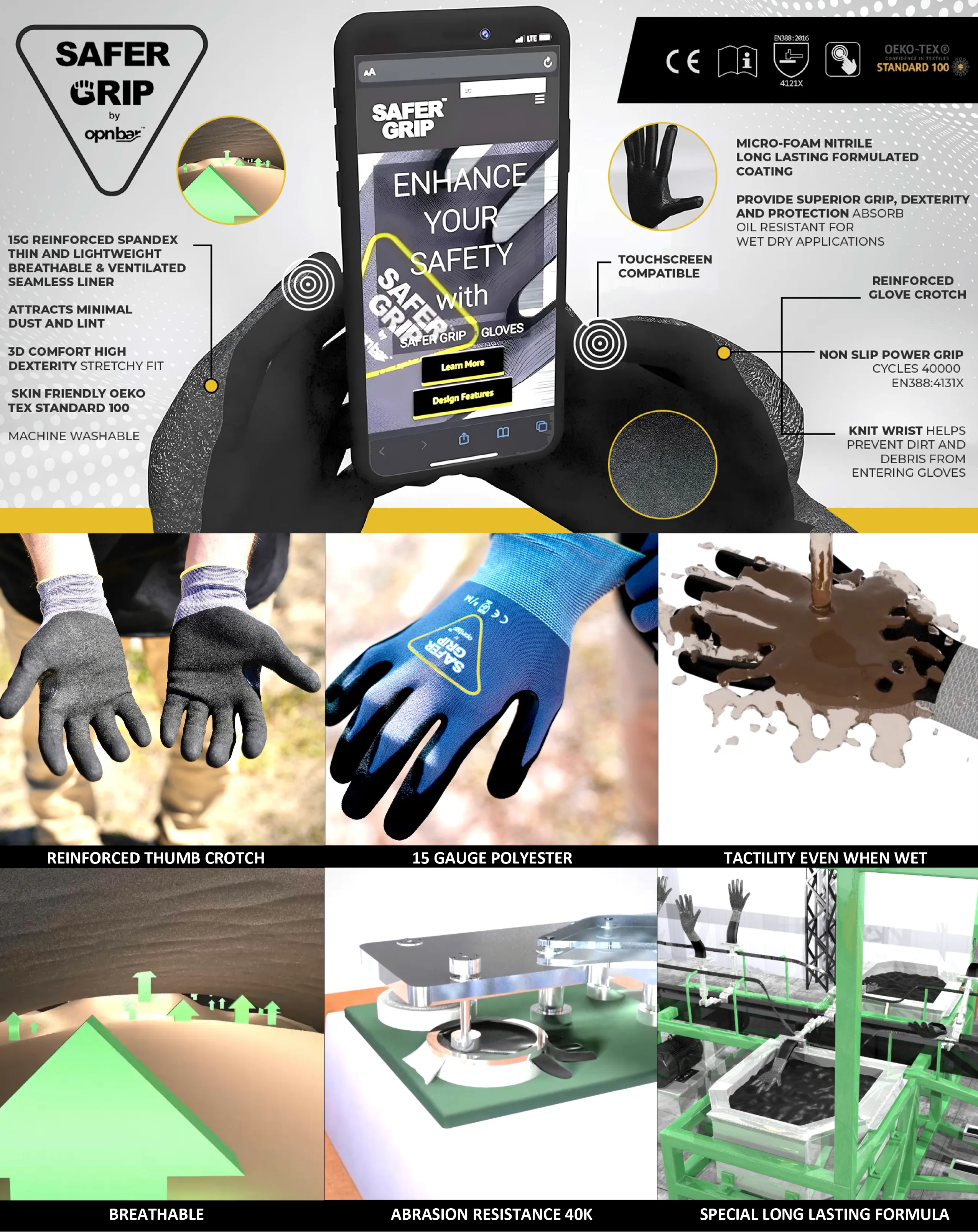 Woodworking Gloves - Nitrile Coated Gloves with Touchscreen - Safer Grip by OPNBAR™ (2-Pack)