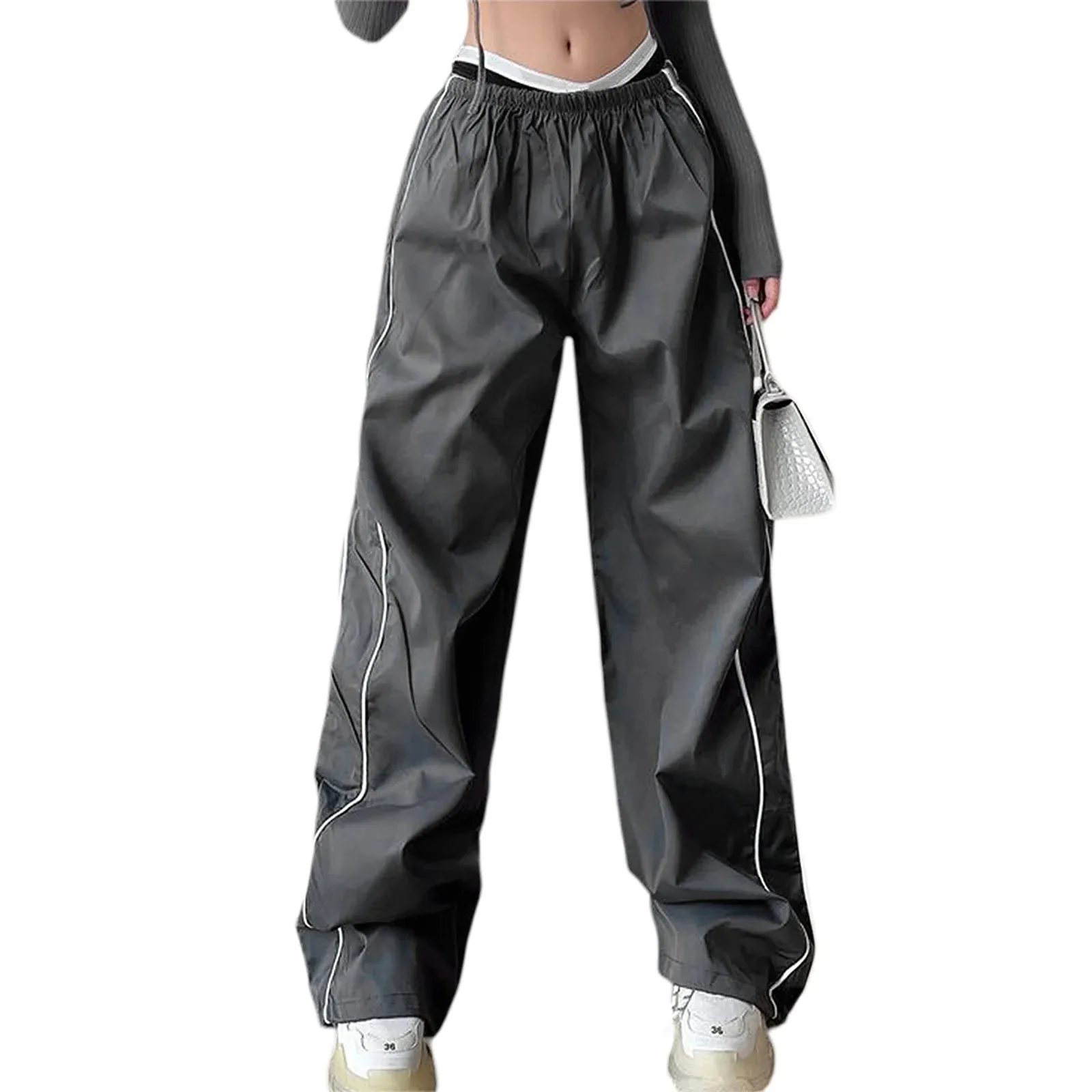 Y2K Baggy Cargo Pants for Women Drawstring Elastic Low Waist Parachute Pants Sweatpants Loose Hippie Pants Trousers