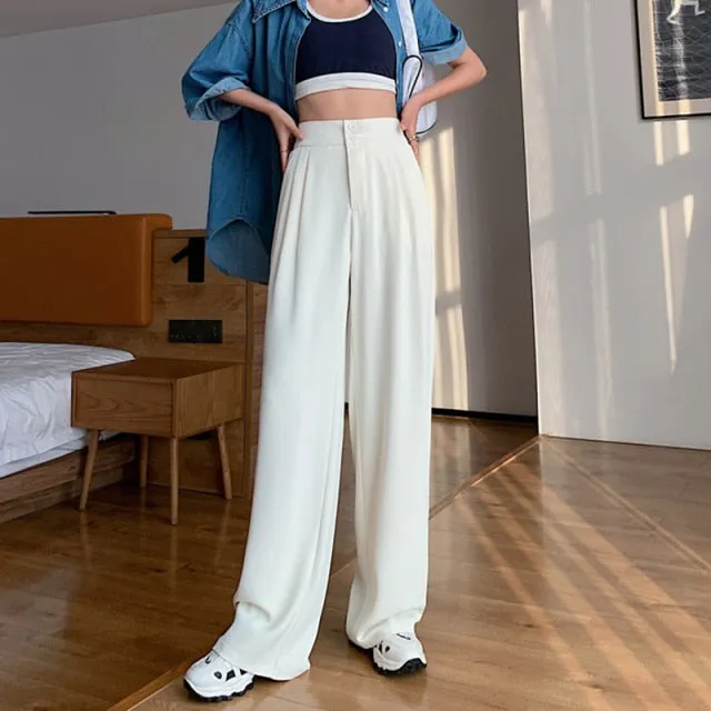 Yeknu Summer Loose Casual Trousers For Women High Waist Maxi Wide Leg Pants Female Elegant Fashion Clothes New