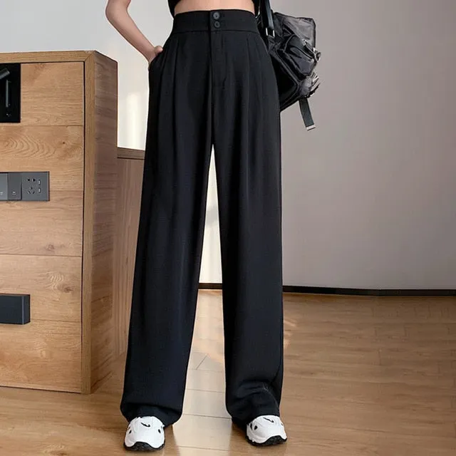 Yeknu Summer Loose Casual Trousers For Women High Waist Maxi Wide Leg Pants Female Elegant Fashion Clothes New