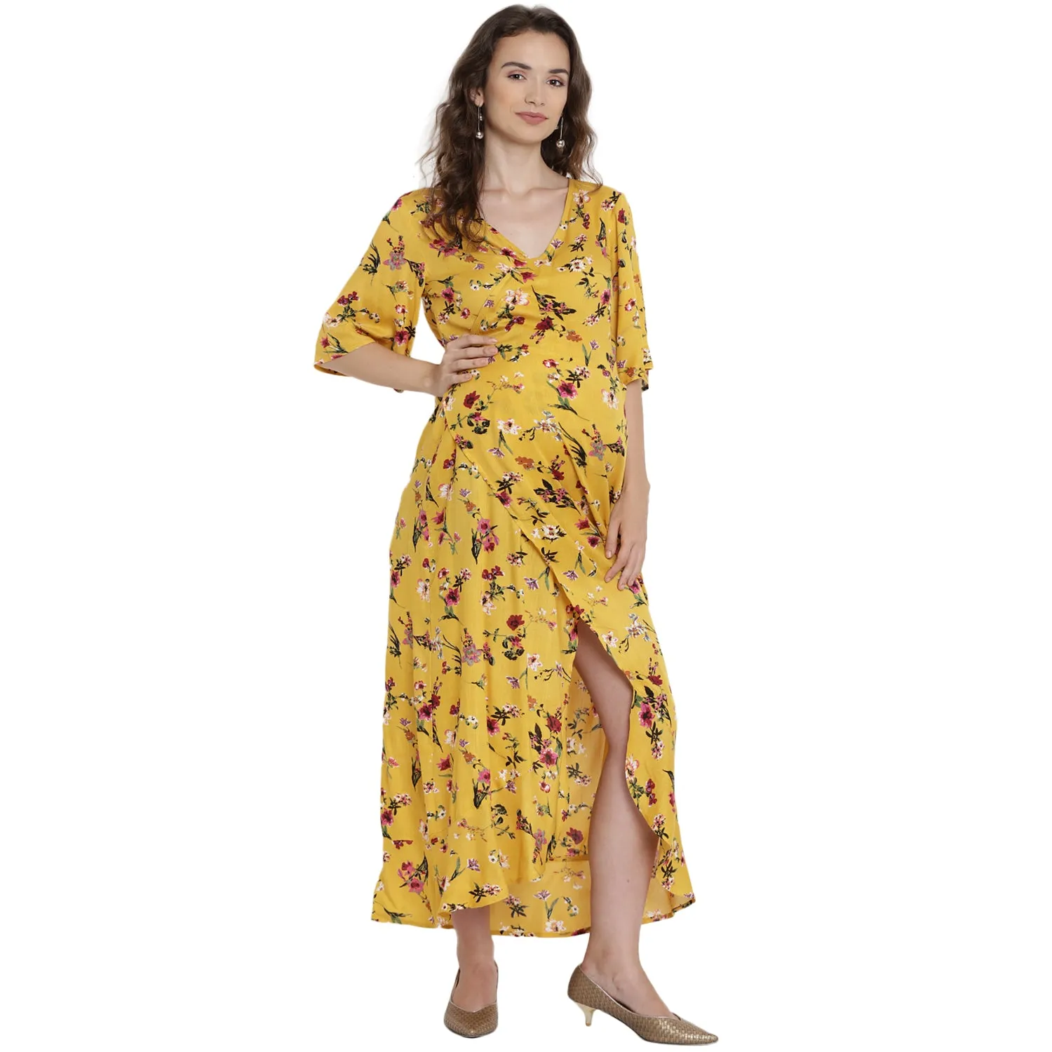 Yellow Floral Print Wrap Maternity Dress