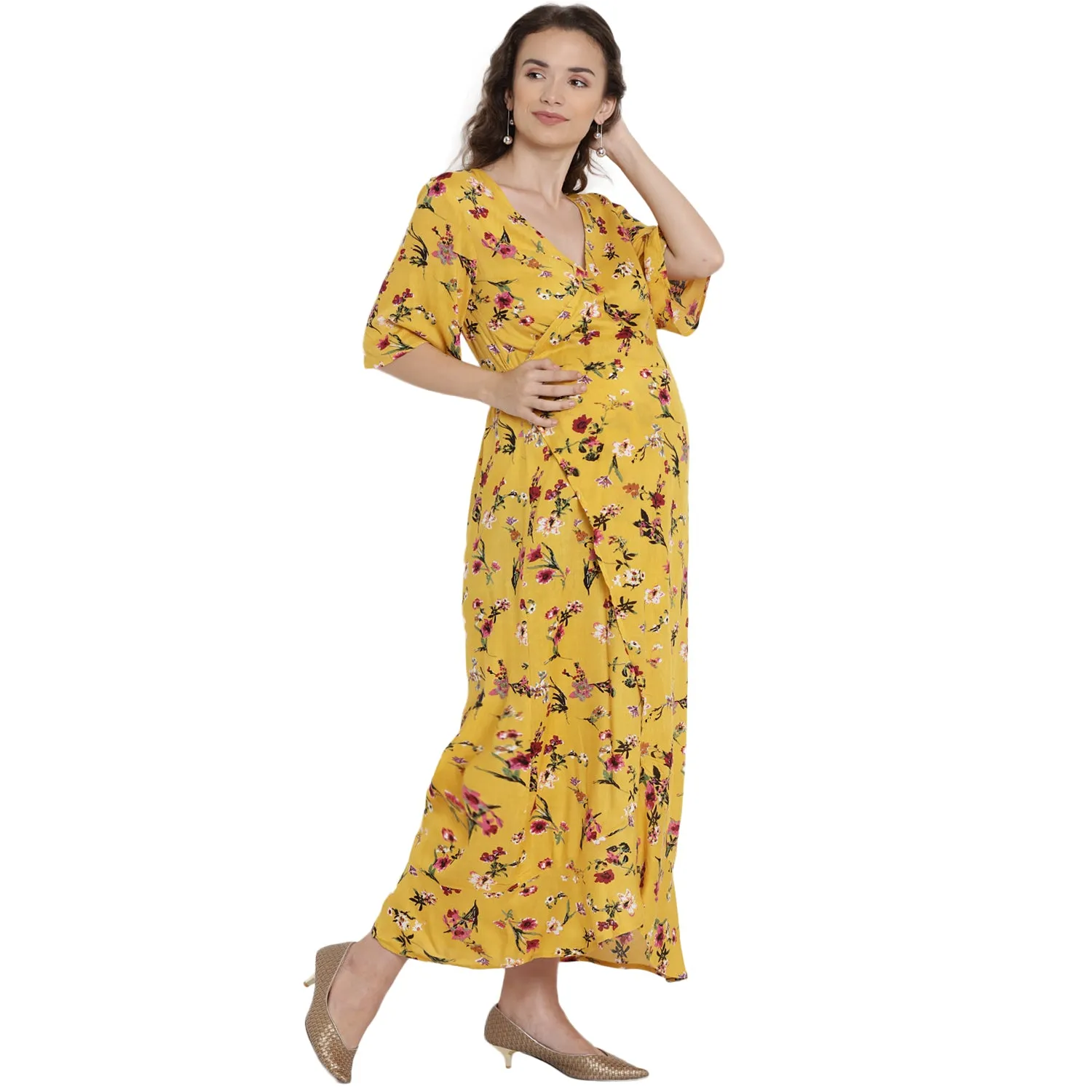 Yellow Floral Print Wrap Maternity Dress