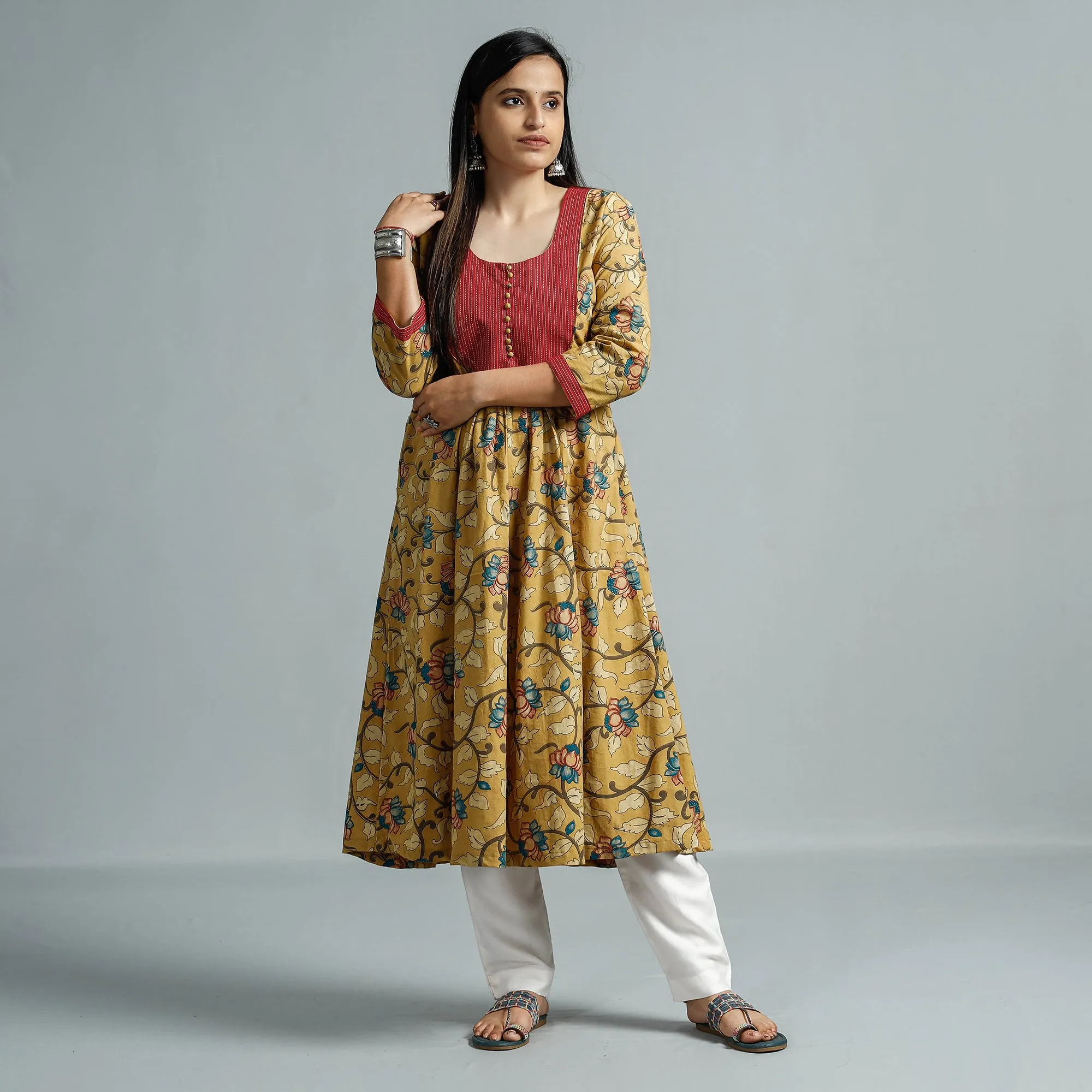 Yellow - Kalamkari Printed Cotton Flared Kurta