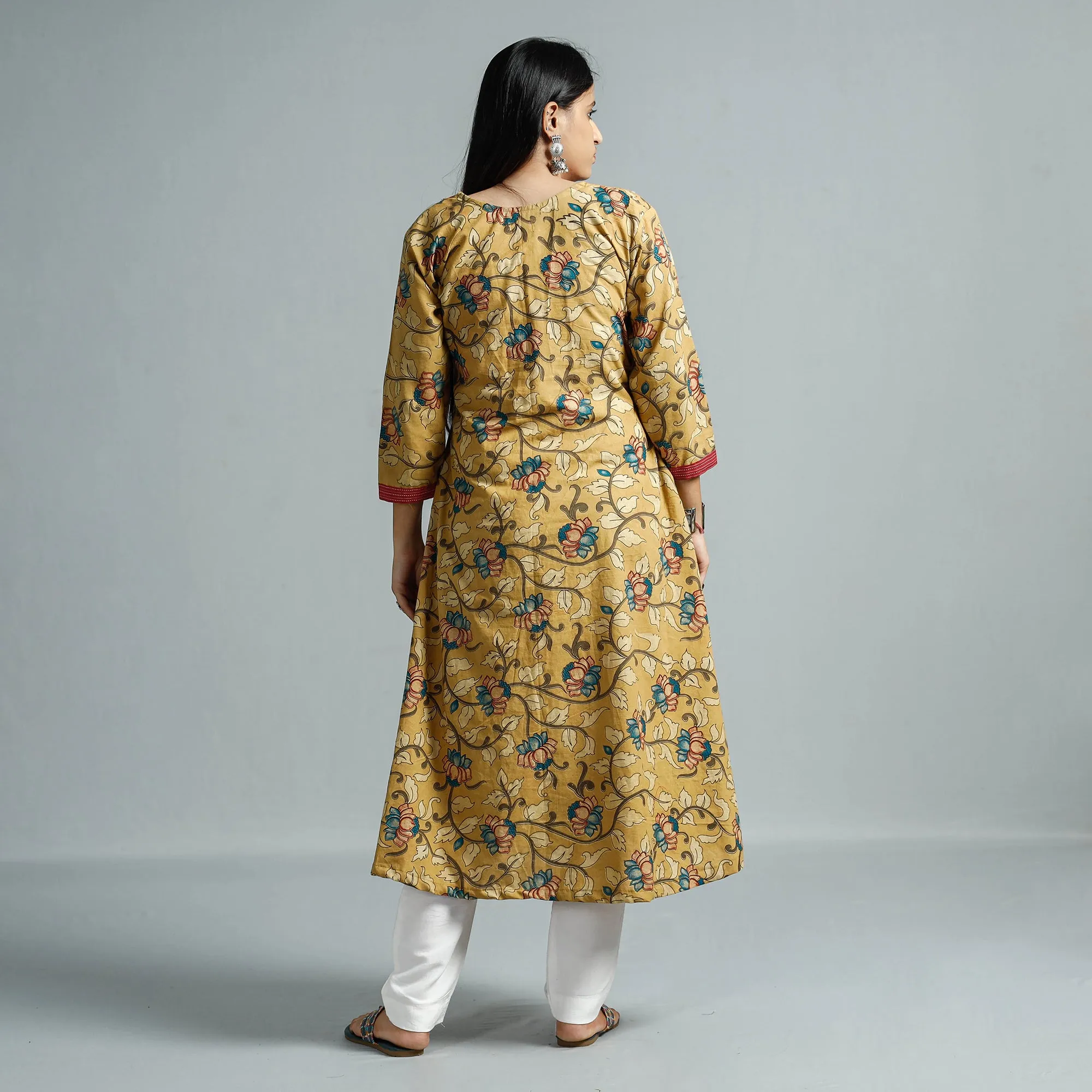 Yellow - Kalamkari Printed Cotton Flared Kurta