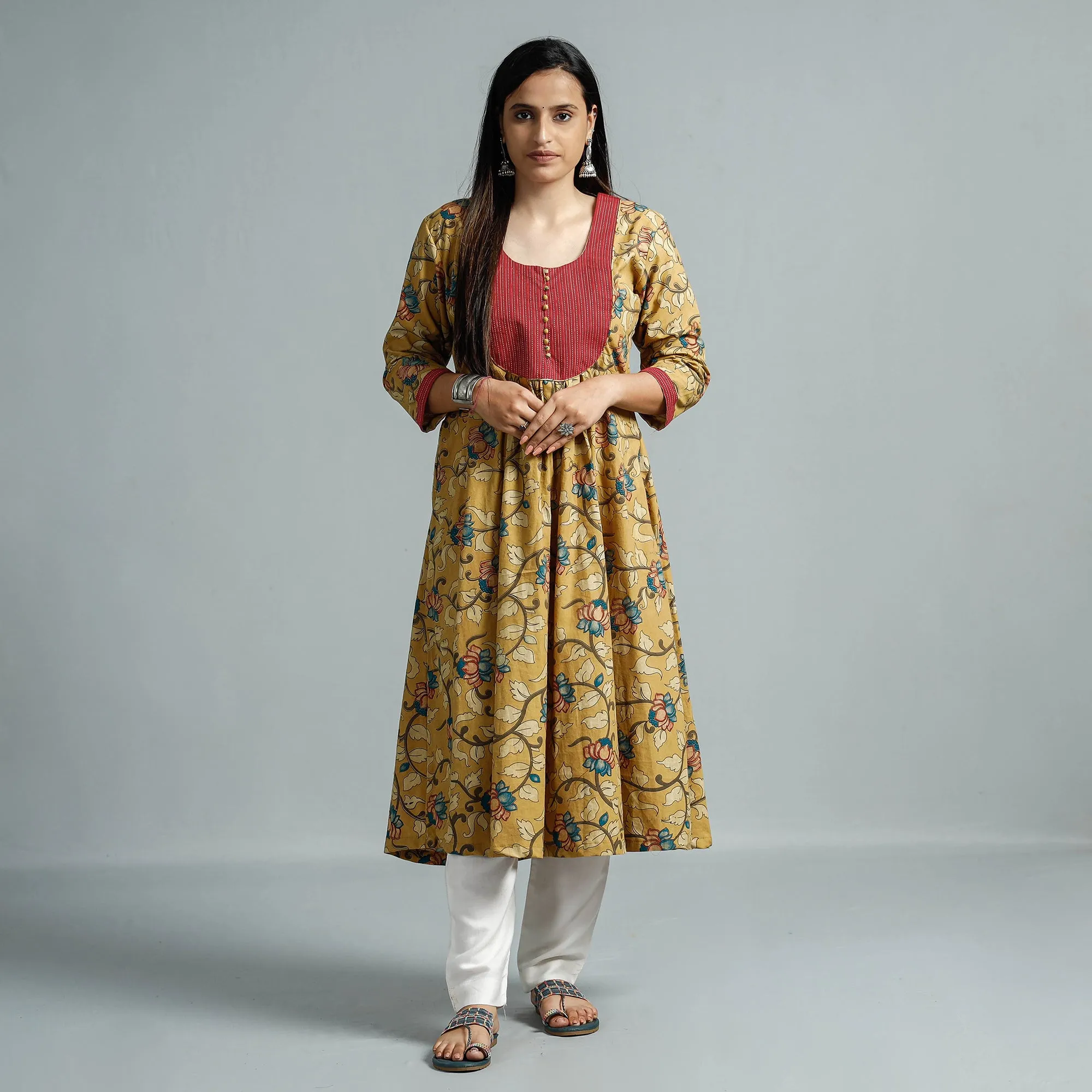 Yellow - Kalamkari Printed Cotton Flared Kurta