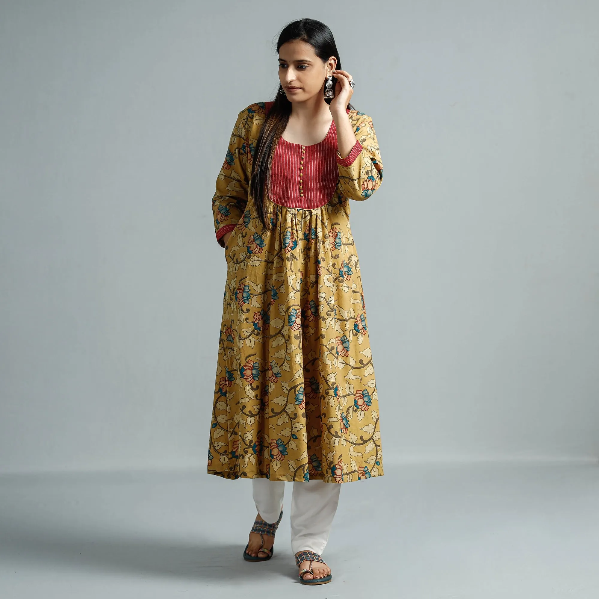 Yellow - Kalamkari Printed Cotton Flared Kurta