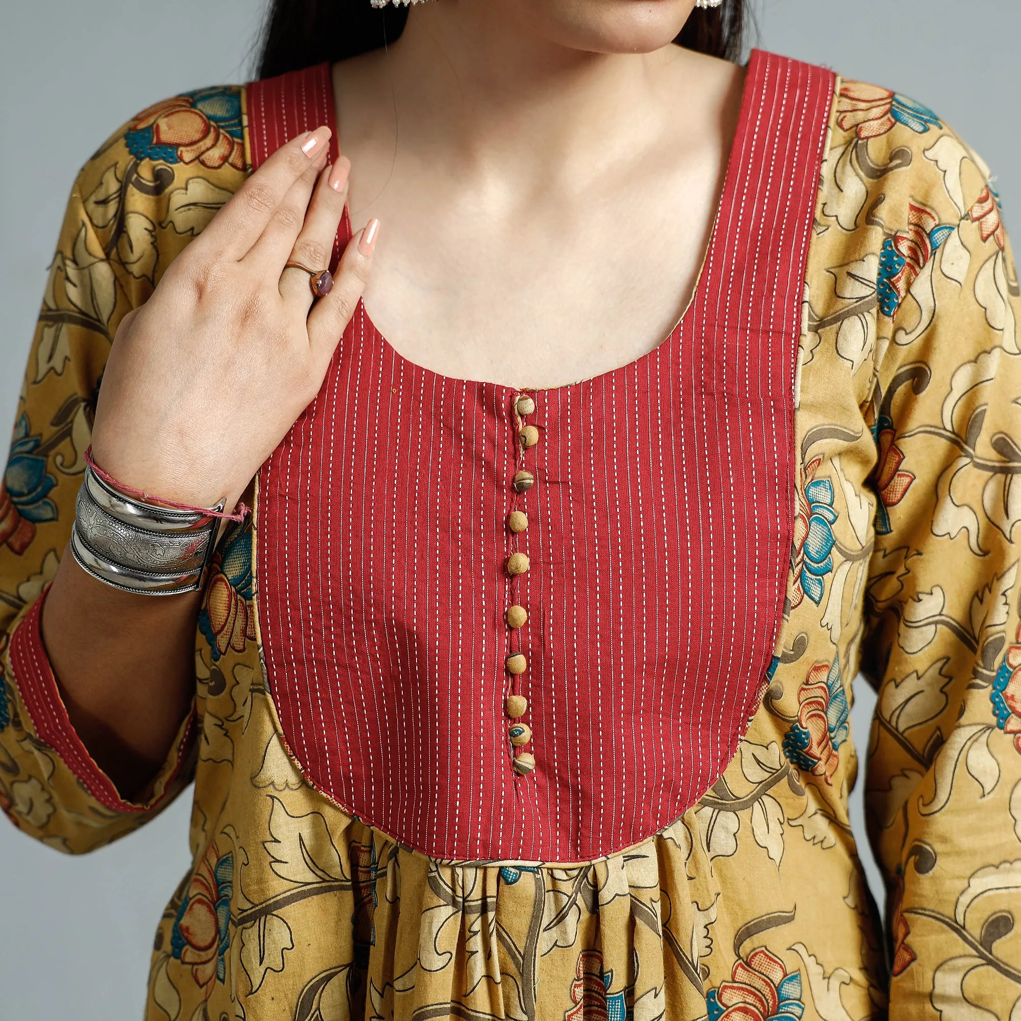 Yellow - Kalamkari Printed Cotton Flared Kurta